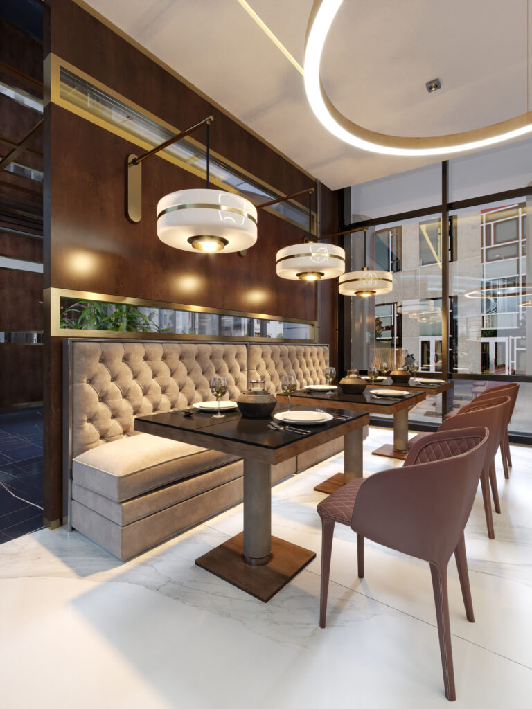the modern conceptual interior design of the restaurant is in contemporary style with classic elements.