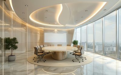 a large conference room with a white board and a large round table